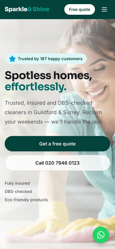 Sparkle & Shine Cleaners demo website on a phone
