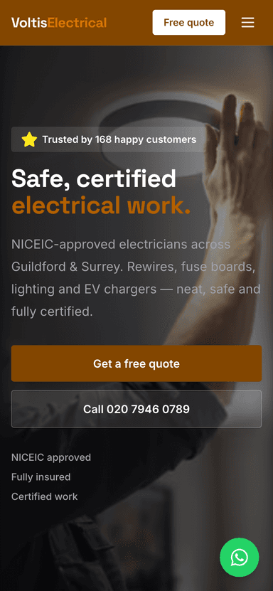 Voltis Electrical demo website on a phone