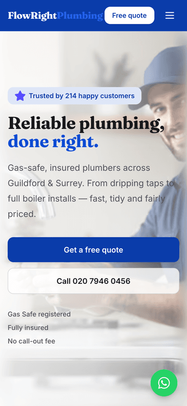FlowRight Plumbing demo website on a phone